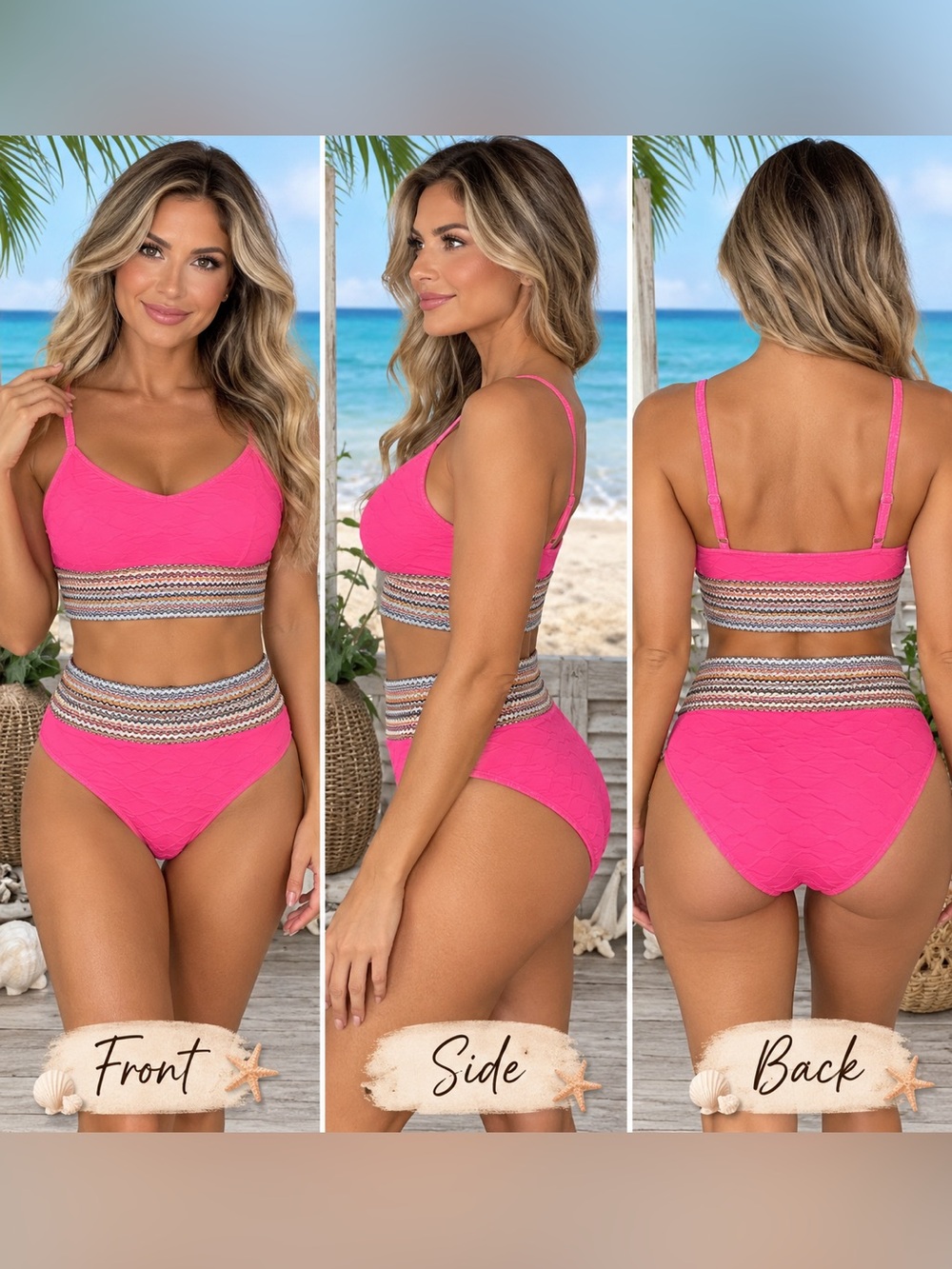 NWT - CUPSHE Hot Pink Textured High Waist Bikini 🩷 Size Medium